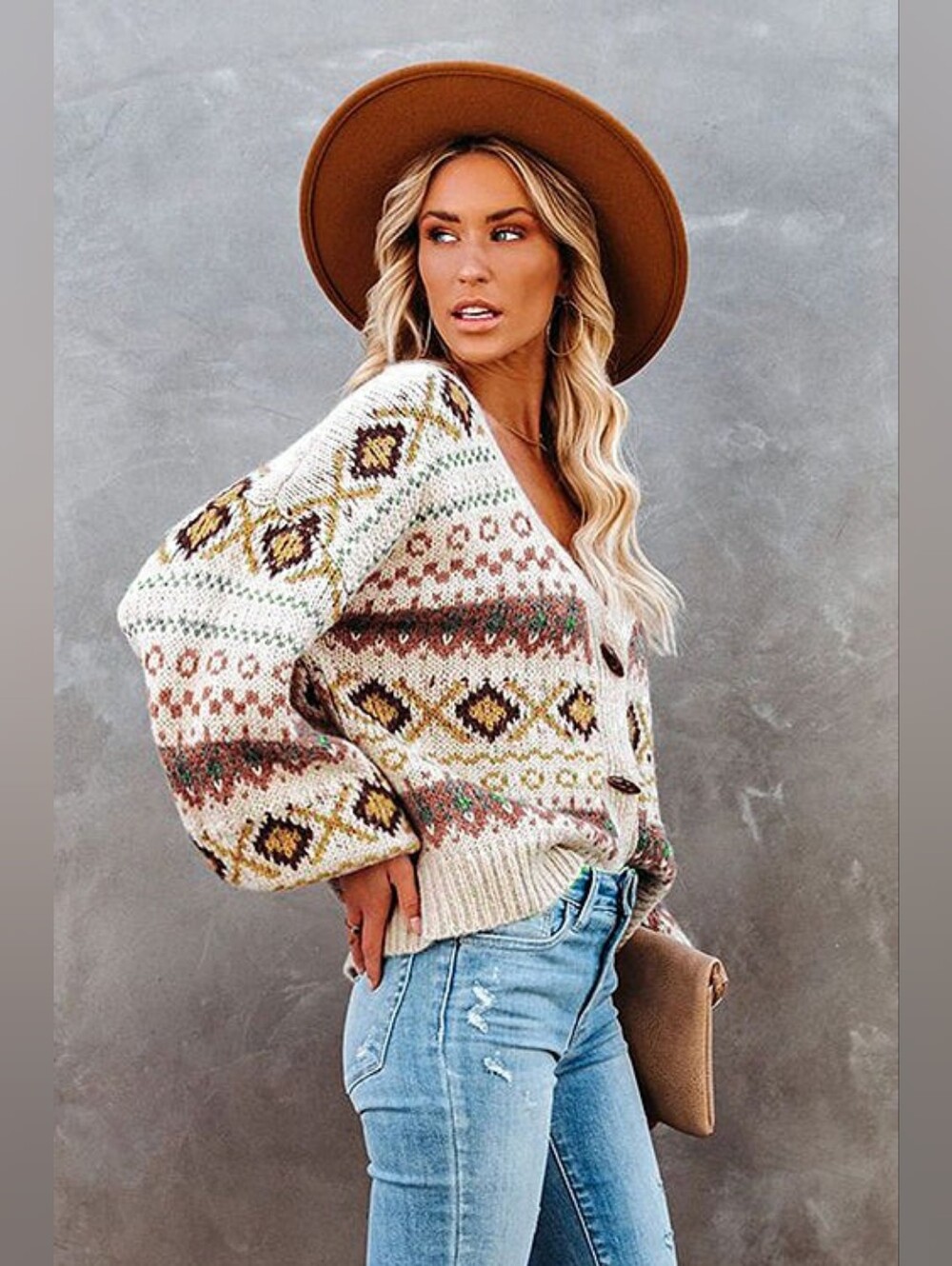 Boho Chic Soft And Cozy Cream V-Neck Button Up Knitted Sweater - Picture 2 of 3
